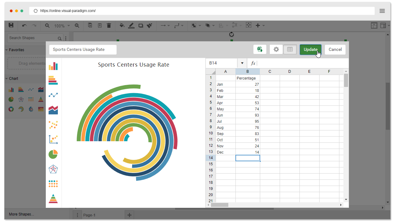 Visual generator. Excel Radial Chart. RADIALBAR APEXCHART добавить метку пример онлайн.